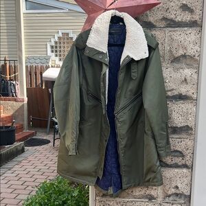 BCBGMaxAzria Olive Green Military Jacket with Shearling Collar